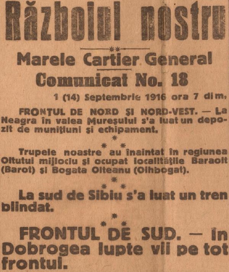 Comunicat de război/ 1 sept. 1916. Luptele din Dobrogea.